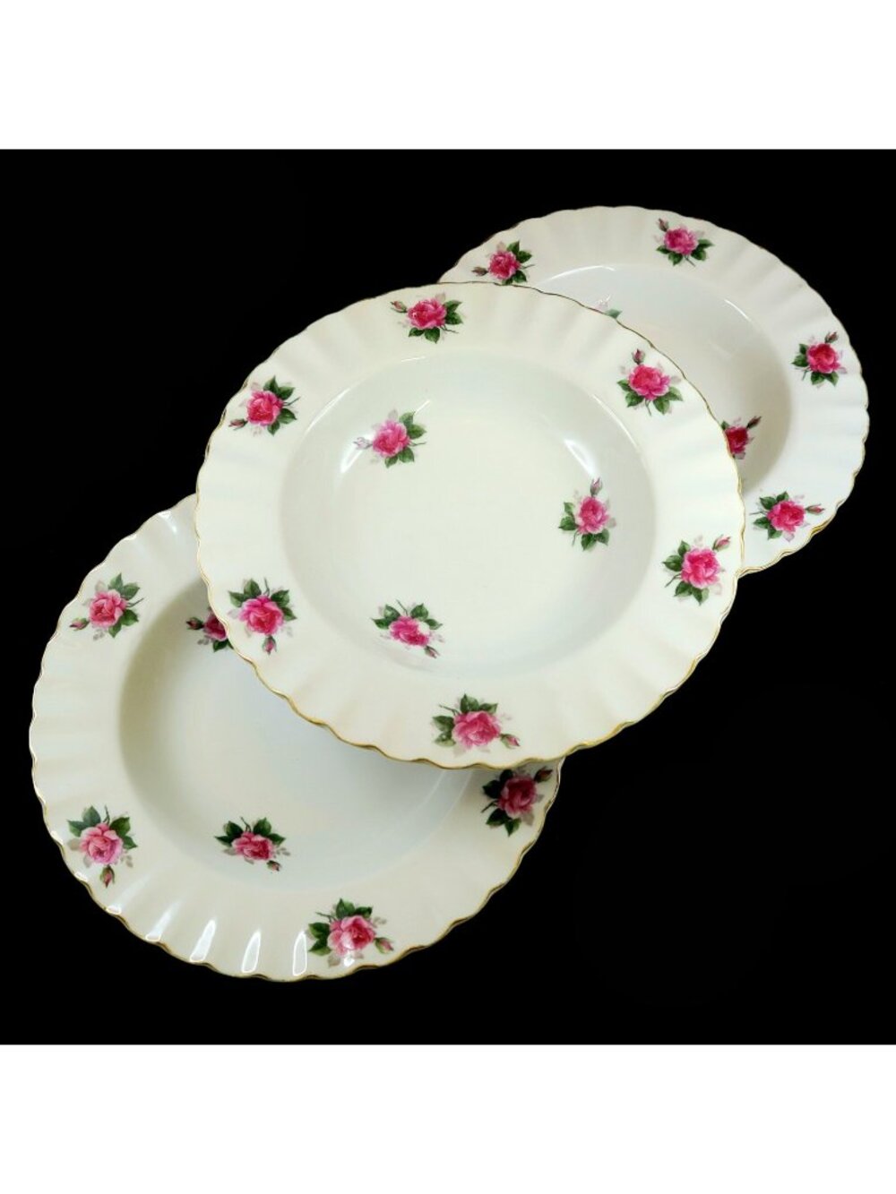 Bond Japan Pink Roses Soup Bowls, Set of 3, Scalloped Gold Rim, Vintage